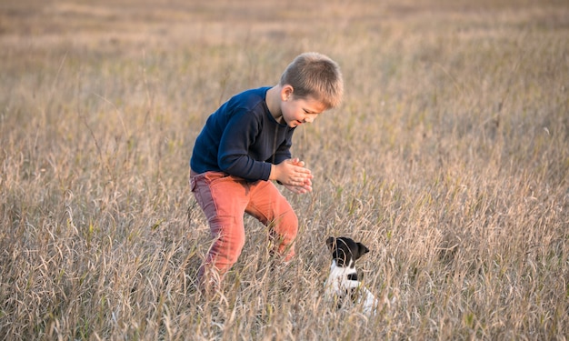 Menino bonito brincando com seu cachorro no prado