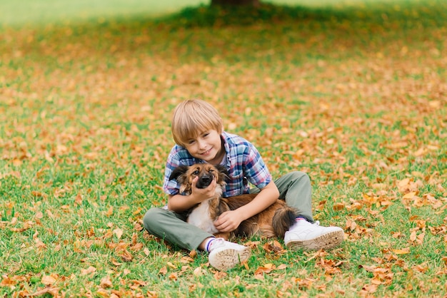 Menino bonito, brincando e andando com seu cachorro no pasto.