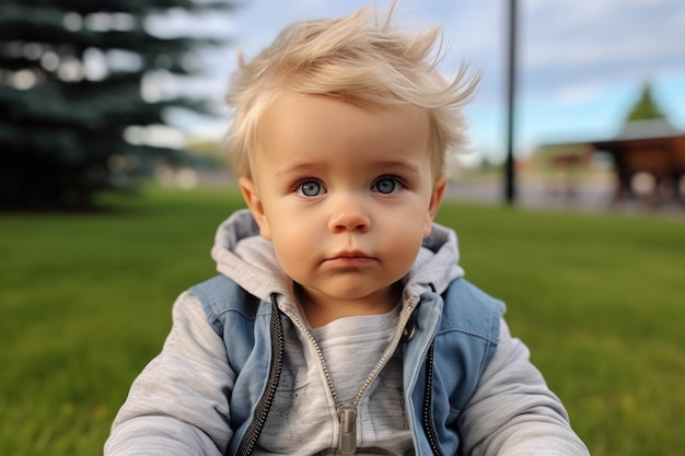 Menino bonito com cabelo loiro sentado na grama e olhando para a câmera de perto retrato ao ar livre