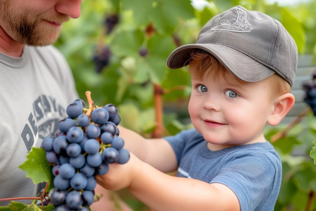 Menino bonito com pai segurando uvas no fundo da vinha