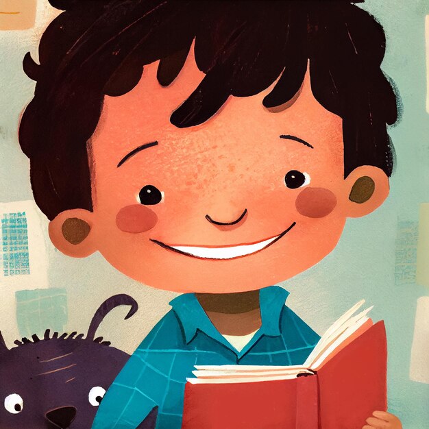 Foto menino bonito com seu cachorro lendo um livro e sorrindo closeup ilustração de livro infantil