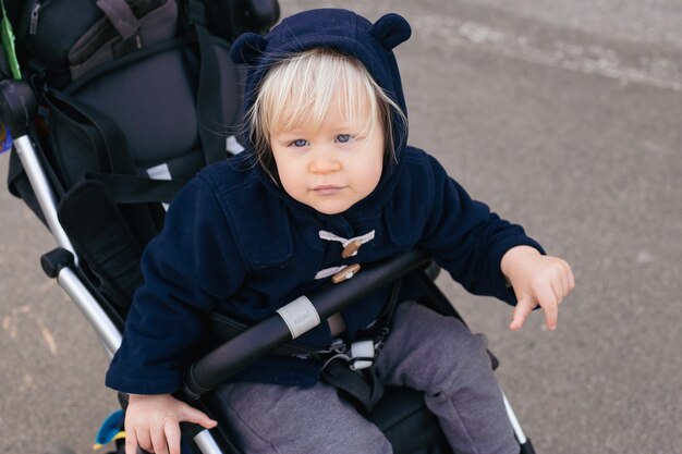 Menino bonito da criança em um carrinho de bebê