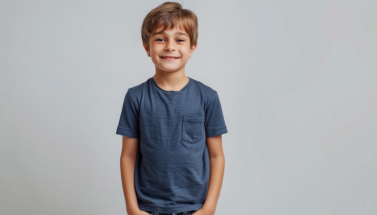 Foto menino bonito de 10 anos sorrindo fundo de estúdio branco