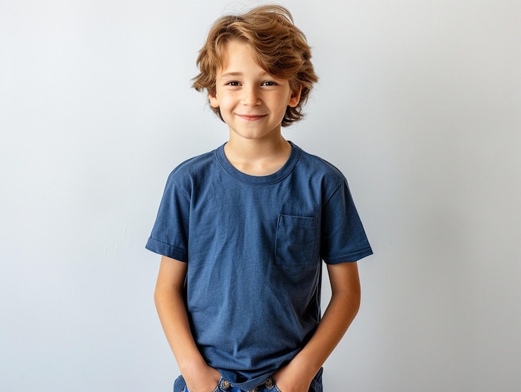 Foto menino bonito de 10 anos sorrindo fundo de estúdio branco