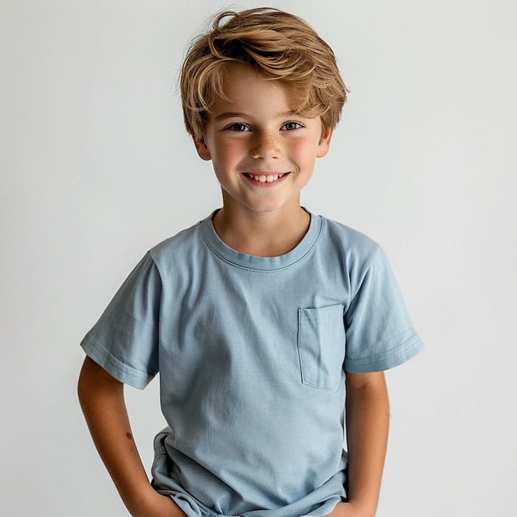 Foto menino bonito de 10 anos sorrindo fundo de estúdio branco