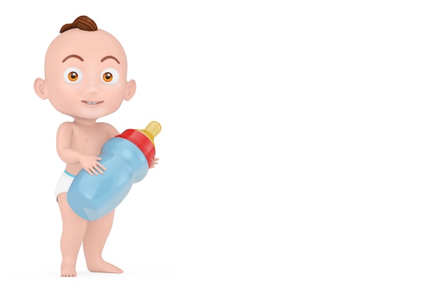 Menino bonito dos desenhos animados com a garrafa de leite do bebê em um fundo branco. Renderização 3D