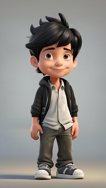 Menino bonito dos desenhos animados com cabelo preto vestido de preto em pé e sorrindo