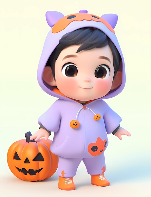 Menino bonito em 3D com um traje de monstro engraçado com um tema de Halloween