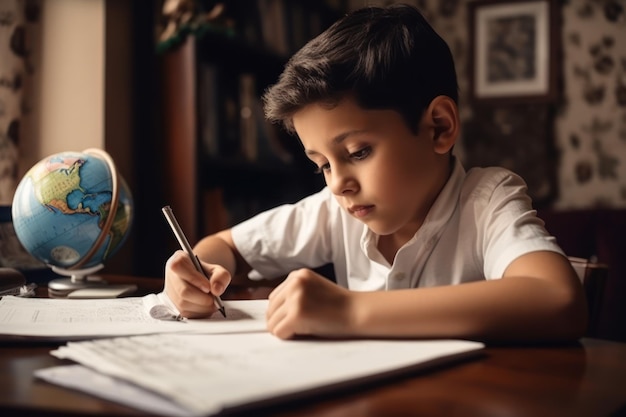 Menino bonito estuda em casa Conceito de educação