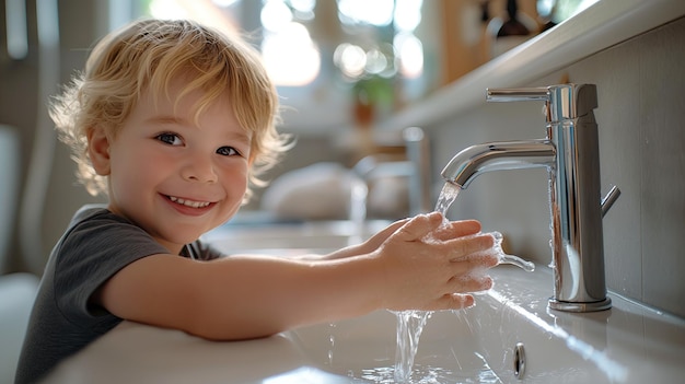 Menino bonito lavando as mãos na pia da casa de banho Criança lavando as mão