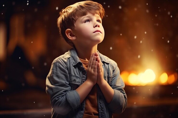 Menino bonito orando na igreja e Jesus dando bênção estúdios de efeitos cinematográficos