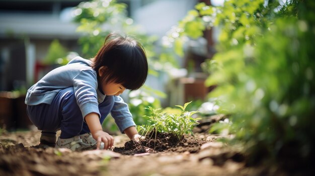 Menino bonito plantando árvores no jardim