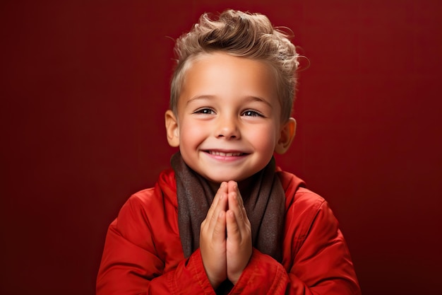 Foto menino bonito rezando sobre um fundo vermelho