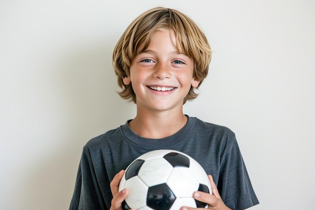 Menino bonito segurando uma bola de futebol em suas mãos posando no estúdio conceito de Futebol