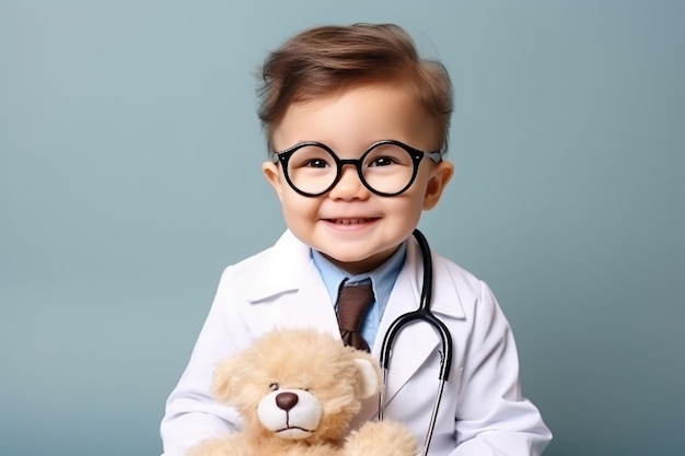 Menino bonito sorridente usando óculos e uniforme de casaco branco com estetoscópio fingindo ser médico olhando para a câmera brincando com brinquedos fofos.