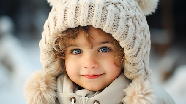 Menino bonito sorrindo no inverno usando um boné de malha