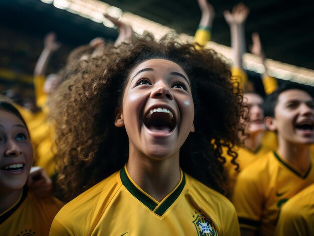 Foto menino brasileiro comemora a vitória de sua equipe de futebol