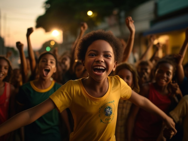 Menino brasileiro comemora a vitória de sua equipe de futebol