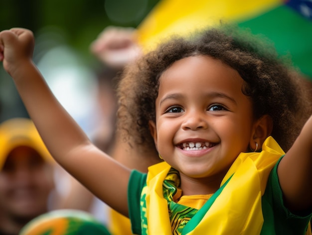 Menino brasileiro comemora a vitória de sua equipe de futebol