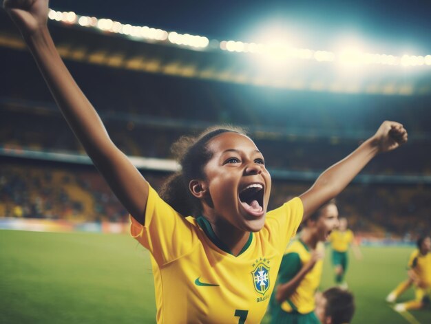 Foto menino brasileiro comemora a vitória de sua equipe de futebol