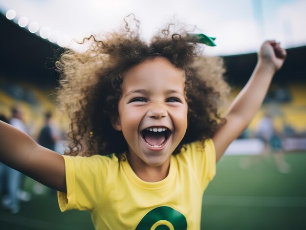 Menino brasileiro comemora a vitória de sua equipe de futebol