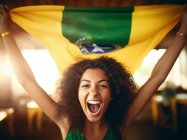 Foto menino brasileiro comemora a vitória de sua equipe de futebol