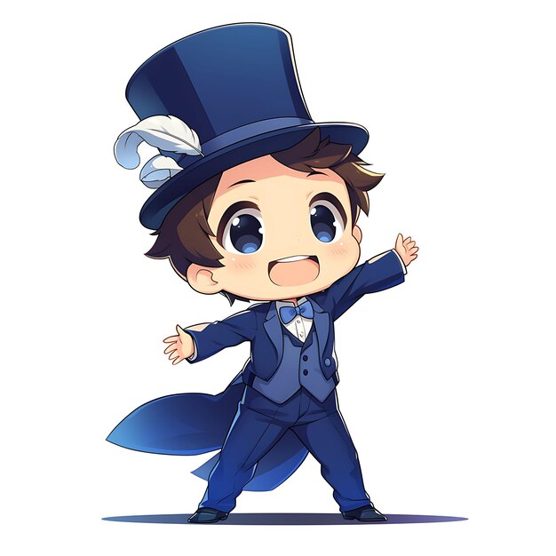 Foto menino brincalhão de tuxedo azul com cauda personagem com adesivo cheerfu isolado arte de anime kawaii cute