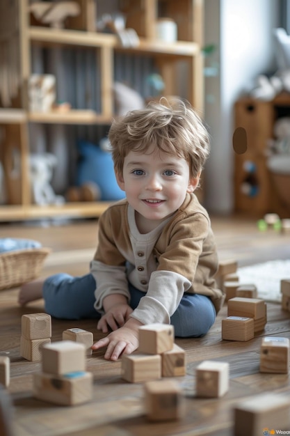 Menino brincando com brinquedos de madeira em casa na sala de estar