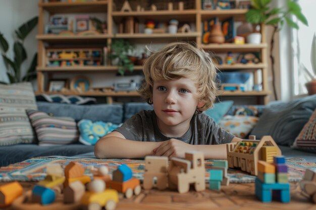 Menino brincando com brinquedos de madeira em casa na sala de estar