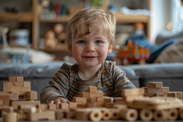 Menino brincando com brinquedos de madeira em casa na sala de estar