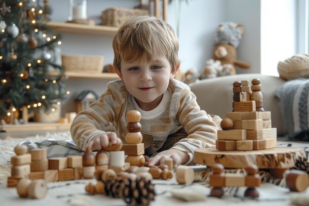 Menino brincando com brinquedos de madeira em casa na sala de estar