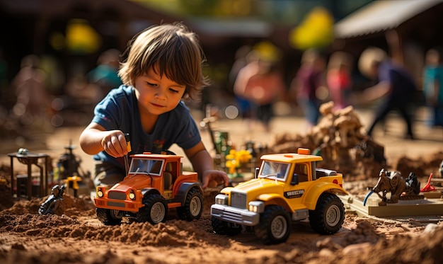 Menino brincando com caminhões de brinquedo na sujeira