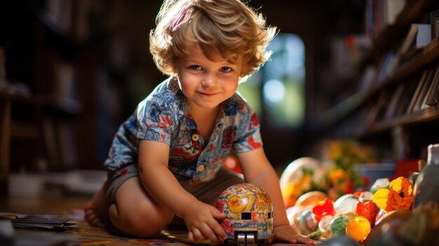 Menino brincando com um trem de brinquedo