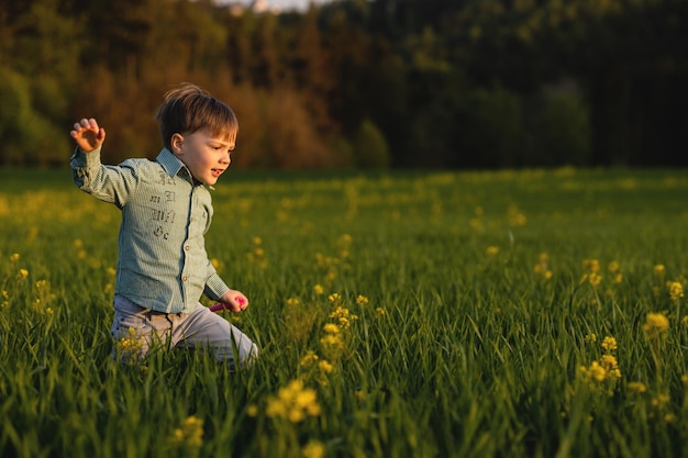 Menino brincando em um prado verde com flores amarelas