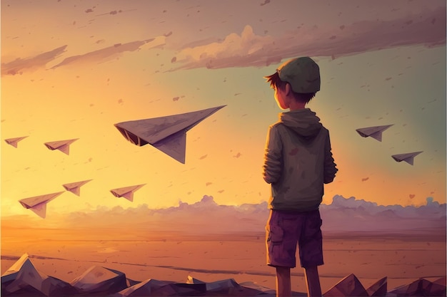 Menino brincando perto de aviões O menino joga aviões de papel e olhando para aviões voando no céu pôr do sol Pintura de ilustração de estilo de arte digital