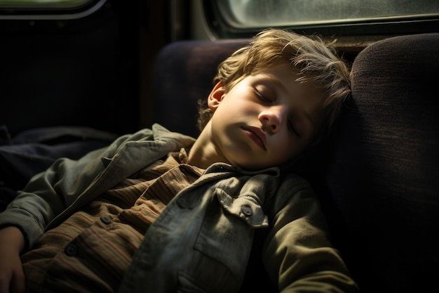 Menino cansado dormindo em um trem sobrecarregado pela longa viagem