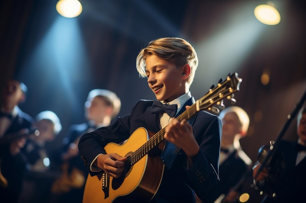 menino cantando e tocando guitarra acústica estilo bokeh fundo