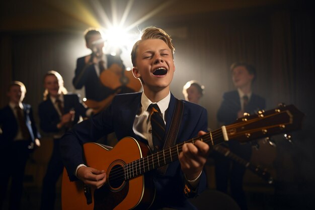 menino cantando e tocando guitarra acústica estilo bokeh fundo