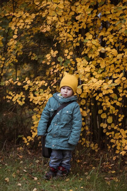 Menino caucasiano com casaco verde contra arbusto amarelo, tempo de outono.