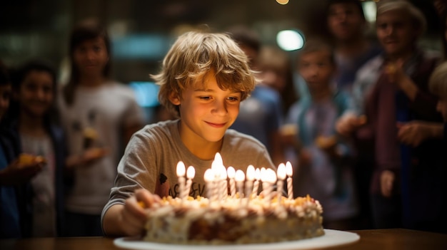 Menino caucasiano feliz comemorando seu aniversário com um enorme bolo saboroso com velas Criado com tecnologia Generative AI