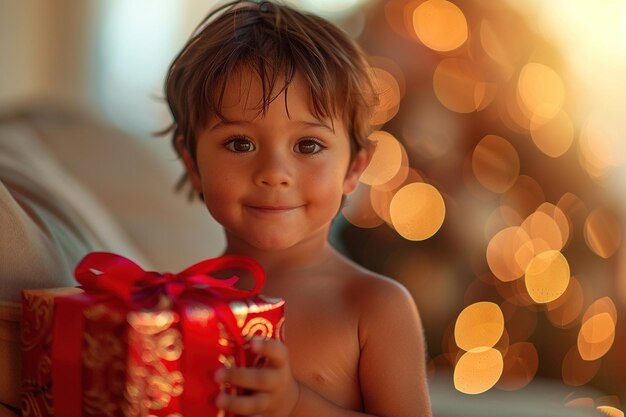 menino caucasiano segurando uma caixa de presentes com luzes bokeh no fundo