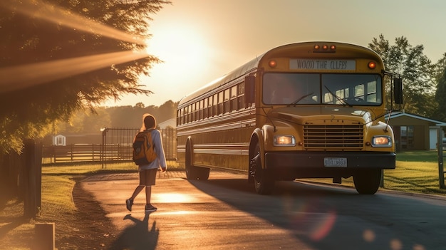 Menino chegando ao ônibus para ir à escola