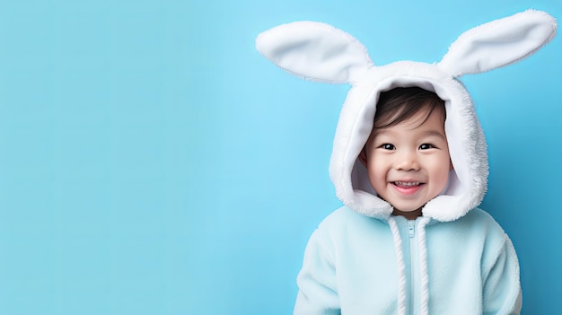 Menino chinês bonito com capuz com orelhas de coelho em fundo azul