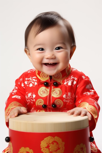 Menino chinês como conceito do Ano Novo Chinês em um bebê fofo branco isolado sentado e sorrindo