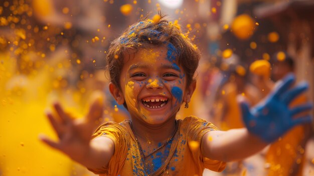 Foto menino coberto de pó amarelo e azul