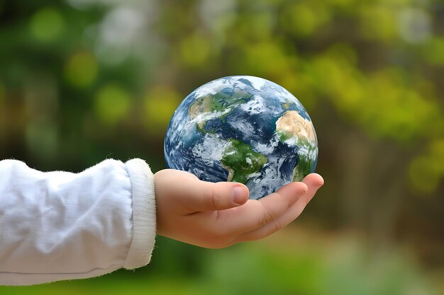 Menino com a mão segurando o globo do planeta Terra no fundo do parque natural 3