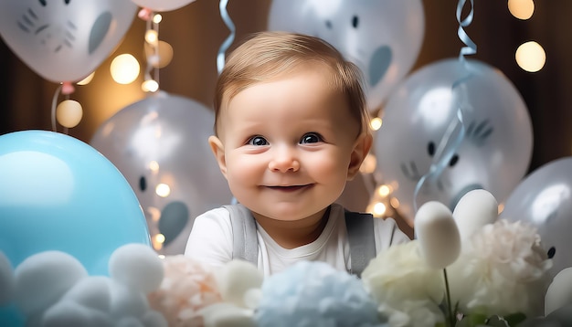 Menino com balões comemorando aniversário conceito de Páscoa