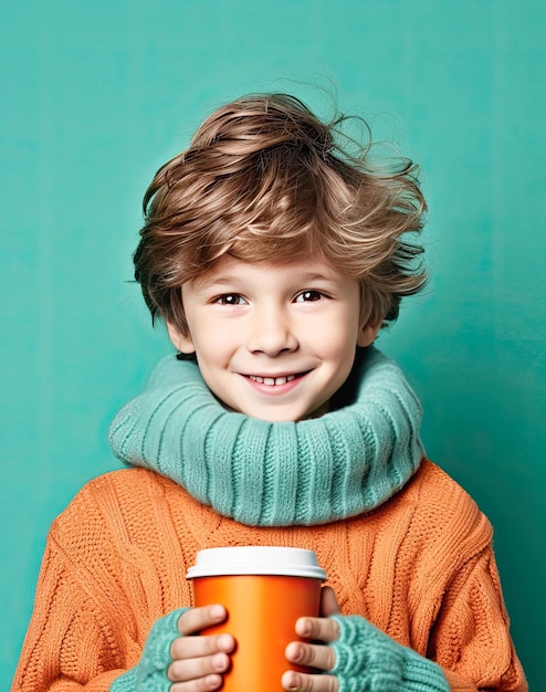 Menino com camisola de tricô laranja com copo de papel