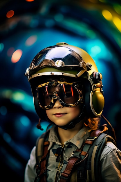 Menino com capacete de motocicleta e óculos de segurança em fundo multicolorido Retrato