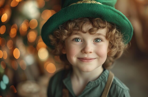 Menino com chapéu verde de duende sorridente